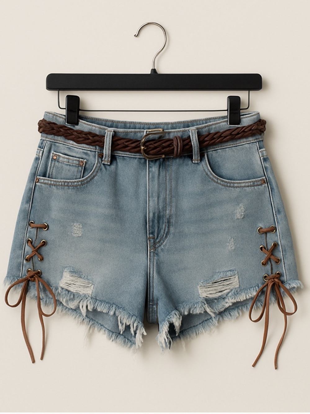 POL NWT Distressed Lace Up Denim Shorts Boho Festival Light Wash Small